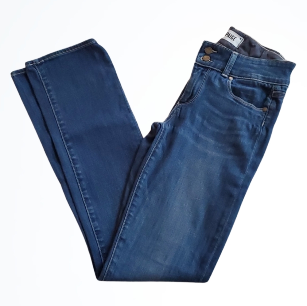 Paige Darker Wash Double Button Mid Rise Hidden Hills Straight Leg Blue Jeans 27